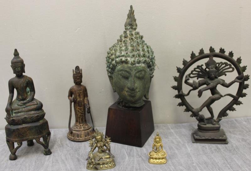 Lot of South East Asian Metal Items.: Includes a Buddha seated on stand (10"), a standing figure (7.5"), a dancing Shiva (9.25" h x 7" w), 2 small Buddhas (3" x 2.5" and 2.5" x 1.5") and a bronze bust (9.5" x 5"). From a Central Park Sout