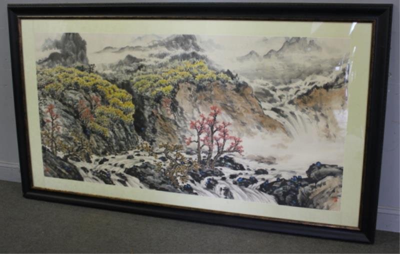 Chinese Ink Wash Landscape with: Calligraphy Signature and Red Seal Marks. Signed Guan Shanyue, a decorative copy. From a Greenwich, CT location. Dimensions: Overall 43.5" h x 77" w.