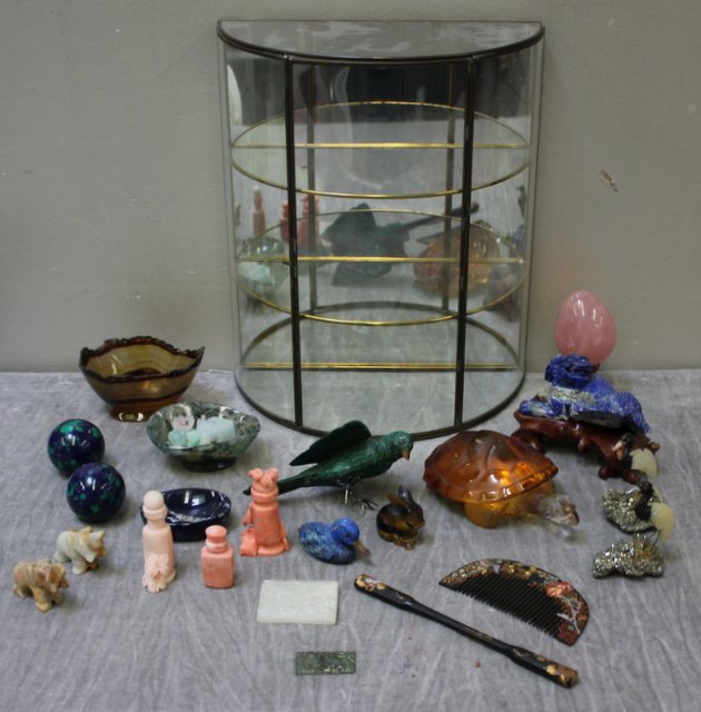 Asian Hardstone Lot.: Includes sodalite foo dog on a stand, malachite parrot, a lapis duck, 3 carved coral bottles, a tiger eye rabbit, 3 hardstone bowls, two Japanese lacquer items, a script signed Lalique turtle, etc. Fr