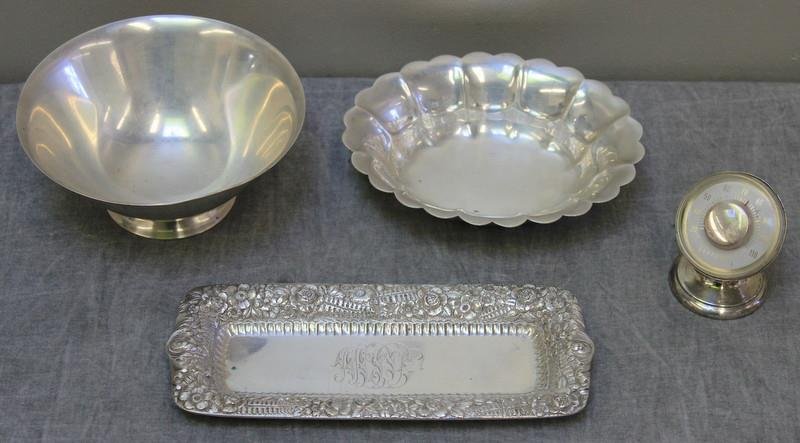 STERLING. Tiffany & Co Hollow Ware Grouping.: Includes a small Tiffany scalloped edge low bowl, a small Tiffany pedestal bowl, a repousse floral Tiffany dresser tray, and a Tiffany for Honeywell sterling silver thermometer. Total approx. weight o