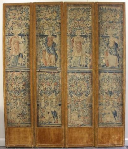 Outstanding Antique Tapestry Four Panel Screen.: Probably 17th century French Aubusson. From a Westchester, NY estate. Dimensions: Overall - 87" w (open) x 100" h, tapestry only - 17.125" x 83" h.