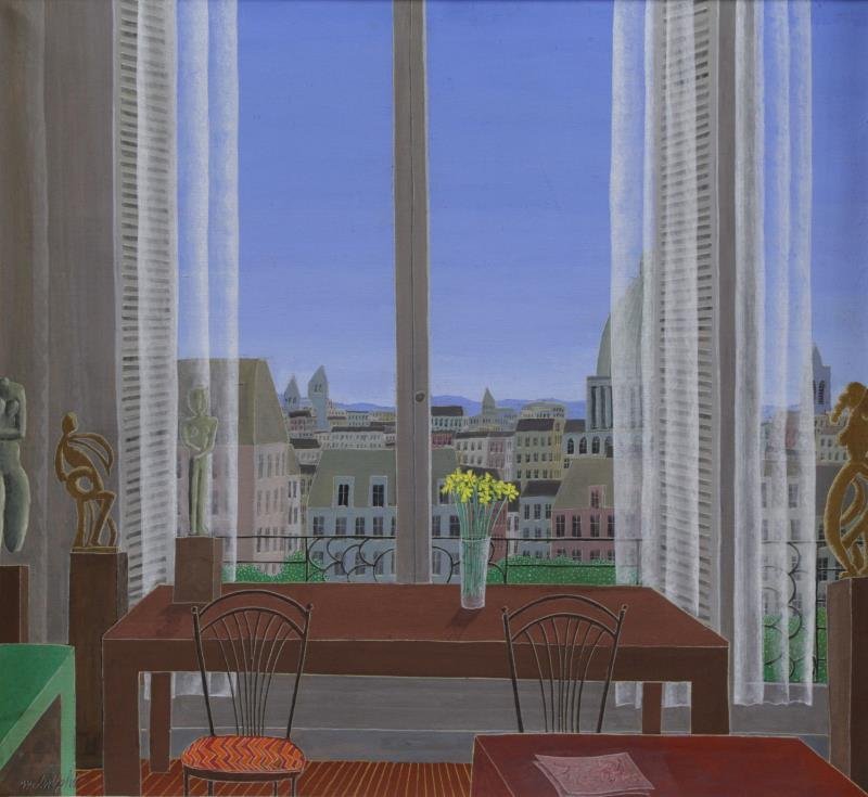 MCKNIGHT, Thomas. Oil on Canvas. Room with a View: of a City. Signed lower left, further signed and dated 1979 verso. Thomas Frederick McKnight (American, b.1941). This item is back from a previous auction; due to a clerking error it did not sell. Fro