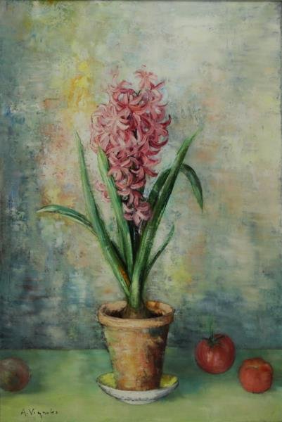 VIGNOLES, Andre. Oil on Canvas "La Jacinthe".: Signed lower left, inscribed verso. David Findlay Galleries, New York label verso. Ex-Christie's with labels verso. Andre Vignoles (French, b. 1920). From a Larchmont, NY home.