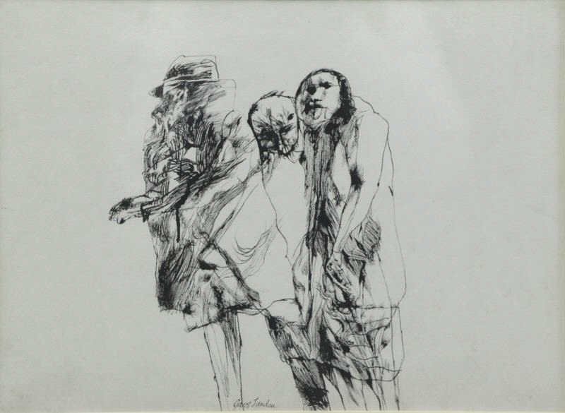 LANDAU, Jacob. Pen and Ink on Paper "Walkers".: Signed lower center. Jacob Landau (American, 1917 - 2001). From a Queens, NY estate. Dimensions: Sight - 10.5" high x 14.5" wide.