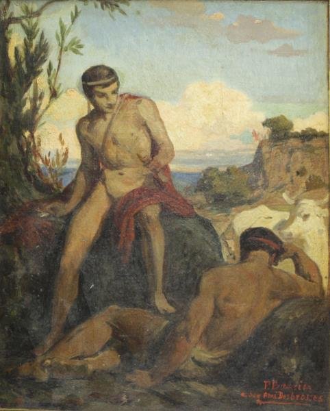 BARRIAS, Felix J. Oil on Canvas/Board. Classical: Scene with Male Nudes in Landscape. Signed lower right with dedication to the artist Jean Desbrosses - 'A Bon Ami Desbrosses' and with Jean Desbrosses estate stamp verso. Felix Joseph Barrias (French,