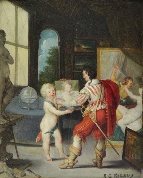 RIGAUD, Pierre. Oil on Wood Panel. Putto &: Cavalier Admiring a Portrait. Signed lower right. Pierre Gaston Rigaud (French, 1874 - 1941). From a South Salem, NY home. Dimensions: 10.5" high x 8.5" wide. Condition: Some vertical splitting throug