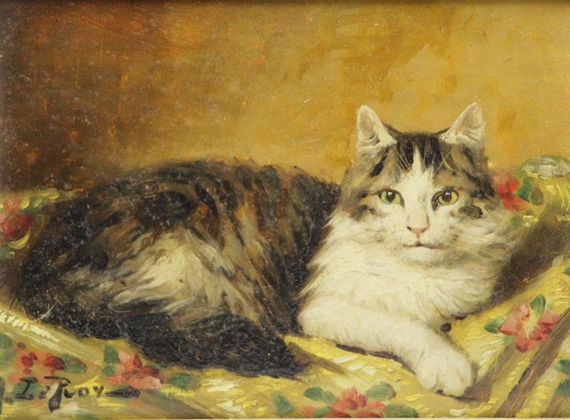 LEROY, Jules. Oil on Wood Panel Portrait of a Cat.: Signed lower left. Jules Gustave Leroy (French, 1856 - 1921). From a South Salem, NY home. Dimensions: 6.25" high x 8.5" wide. Condition: Good, some light surface dust.