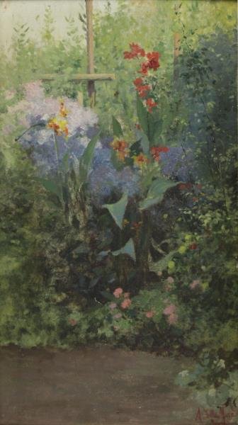 DELLA MURA, Angelo. Oil on Wood. Maiori Garden: Scene. Signed and inscribed lower right. Angelo della Mura (Italian, 1867 - 1922). From a Bronxville, NY estate. Dimensions: 24.5" high x 14.25" wide. Condition: Surface grime, craquelure or minor all