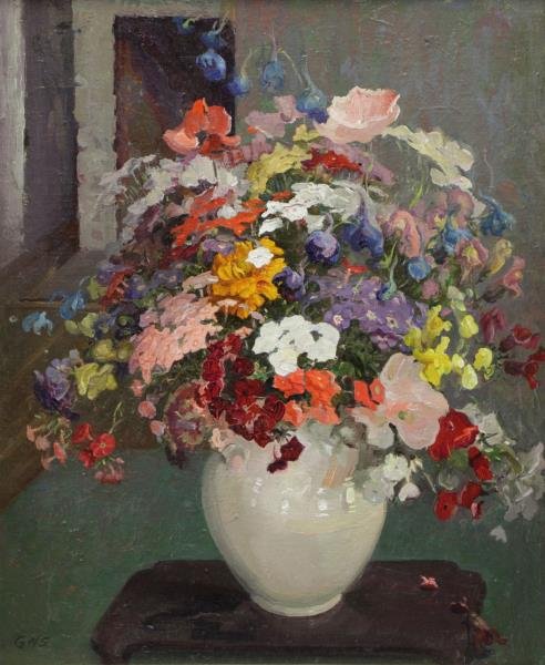 SMITH, Gladys Nelson. Oil on Canvas. Floral Still: Life. Initialed "GNS" lower left, artist's estate stamp on stretcher verso. Gladys Nelson Smith (American, 1890 - 1980). From a Greenwich, CT location. Dimensions: 22.25" high x 18" wide. Condition: L
