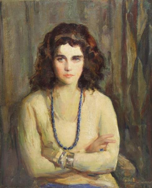 WOELFLE, Arthur. Oil on Canvas Portrait "Rosova".: Signed lower right, titled on original stretcher verso. Grand Central Art Gallery label verso with $1200 listed price. Arthur William Woelfle (American, 1873 - 1936). From a Lexington Ave, NYC estate.