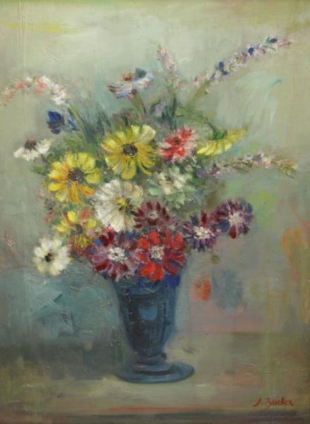 ZUCKER, Jacques. Oil on Canvas. Floral Still Life.: Signed lower right. Jacques Zucker (Polish/American, 1900 - 1981). From a Manhattan, NYC location. Dimensions: 22" high x 17" wide. Condition: Original condition with craquelure, stretcher marks, surf