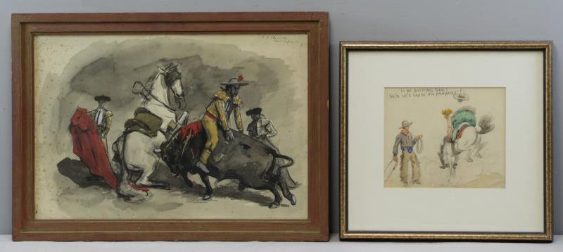 CLEMENTS. George H. Two Watercolors.: Bull fight - signed and inscribed upper right, sight - 14.25" high x 21.25" wide, heavy foxing throughout, especially at left and lower margins, framed behind glass, not examined out of frame. "Buckin