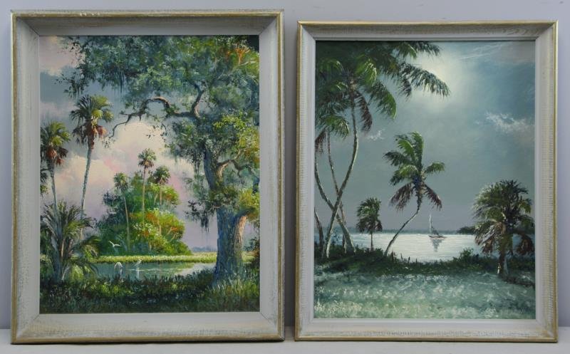 NEWTON, Sam. Pair of Florida Landscapes.: River scene with egrets - possibly signed lower left. Boat is landscape - signed lower right. Sam Newtown (African American, b. 1948, associated with the Florida Highwaymen artists). From a Stamford, 