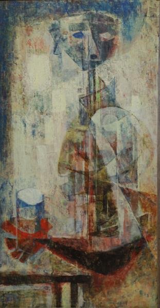 LEWEN, Si. Oil on Masonite. Abstract Figure with a: Glass. Signed lower left. Si Lewen (Polish/American, b. after 1918). From a Rye, NY estate. Dimensions: 29.75" high x 16" wide. Condition: Good, slightly dirty.