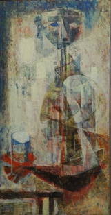 LEWEN, Si. Oil on Masonite. Abstract Figure with a: Glass. Signed lower left. Si Lewen (Polish/American, b. after 1918). From a Rye, NY estate. Dimensions: 29.75" high x 16" wide. Condition: Good, slightly dirty.