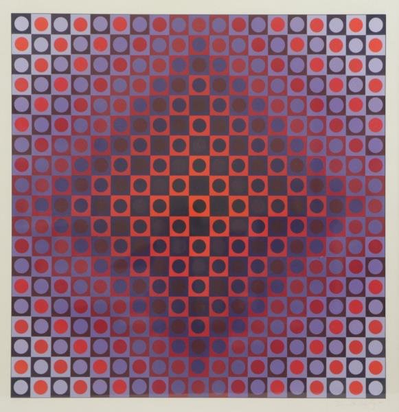 VASARELY, Victor. Op-Art Screenprint From The: "Permutations" Series. Pencil signed lower right and numbered 42/150 lower left, published by Denise René, editeur, Paris with blind stamp lower left in image. Victor Vasarely (French/Hungarian, 1906