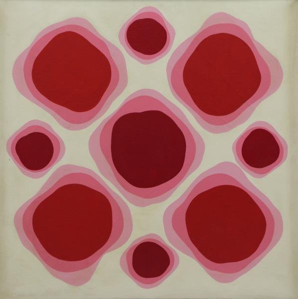 FUKUI, Nobu. 1966 Abstract Acrylic on Canvas.: Signed and dated verso. Nobu Fukui (Japanese/American, b.1942). From a Brooklyn, NY home. Dimensions: 22" high x 22" wide. Condition: Area cracking and some areas of superficial soiling.