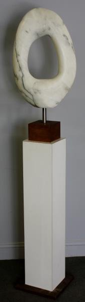 Striated Marble Abstract Ring Sculpture.: On Pedestal. In the style of and possibly Isamu Noguchi. From a Rye, NY estate. 15" w x 6" d x 23" h marble only; 70" h