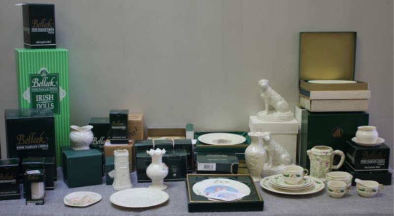 Large Lot of Belleek Porcelain.: Includes commemorative ware, two dogs, doll, Christmas pattern, vases, etc. Most in boxes. Approx. 50 pieces. Most have not been removed from boxes. From a Hoboken, NJ estate. Dimensions: assorted siz