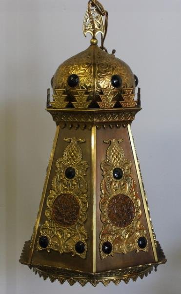 Heavy Brass and Jeweled Middle Eastern: Style Chandelier. Great quality and heavy. From a Scarsdale, NY estate. Dimensions: 16" w x 26" h. Condition: Has been polished.