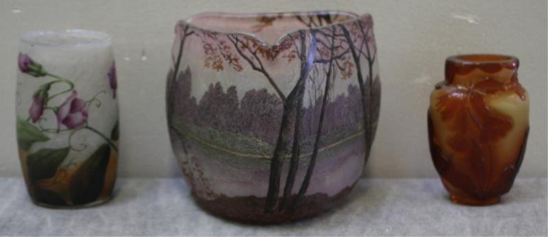 French Art Glass Vase Lot.: Includes a beautiful Legras landscape vase, a Daum cabinet vase and a signed but as is Galle cabinet vase. From a Bronxville, NY estate. Dimensions: Legras - 4" w x 4" h, Daum - 1.75" diameter x 3.5" 
