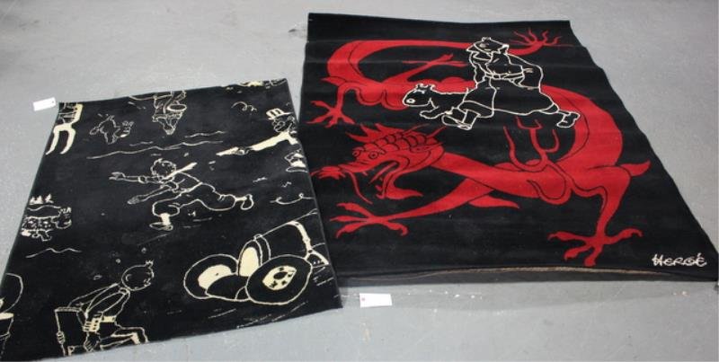 Two Unusual Midcentury Area Carpets.: Depicting Tin Tin. Large one signed Herge. From a Bronxville, NY estate. Condition: Both good, dragon background slightly curled, two small brown spots. Dimensions: 65" x 88" and 47" w x 65.5".
