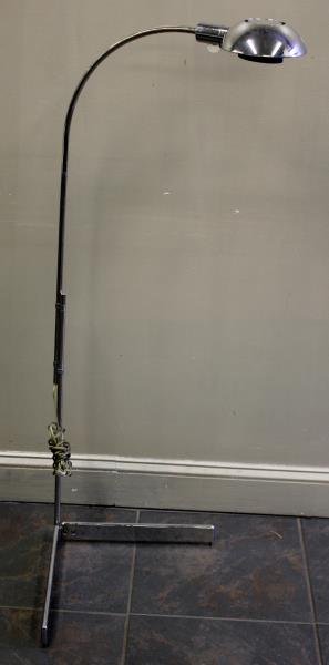 Midcentury Cedric Hartman ? Chrome Floor Lamp.: Flat bar chrome base. Unmarked. Lucite knob. From a Larchmont, NY estate. Dimensions: 50" w x 21" d x 20" h. Condition: Good with minor wear.