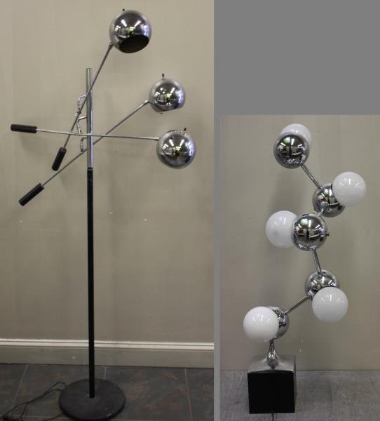 Midcentury Robert Sonneman Chrome Ball Lamp Lot.: Includes floor lamp and a chrome ball table lamp. Unmarked. From a Larchmont, NY estate. Dimensions: Floor - 63" h; Table - 23" h.