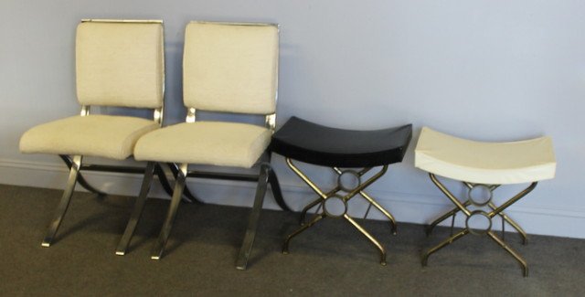 Midcentury Seating Lot Including Pair of Baughman: Style Chrome Chairs. Together with a pair of ottomans. From a Scarsdale, NY estate. Dimensions: Chairs - 18" w x 25" d x 34" h; Ottomans - 20.25" w x 13.5" d x 19" h. Condition: Fabric on ottomans as-