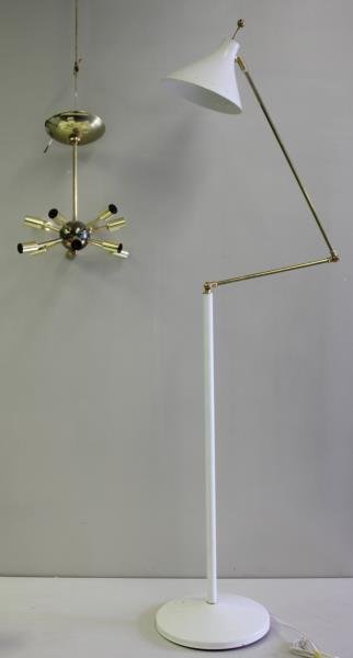 Midcentury Lighting Lot Including Sputnik Style: Chandelier in Brass. Together with a Midcentury style contemporary brass and white painted floor lamp. From a Tuckahoe, NY estate. Dimensions: Sputnik - 13" diameter x 13" h; Floor Lamp - 72" h straig