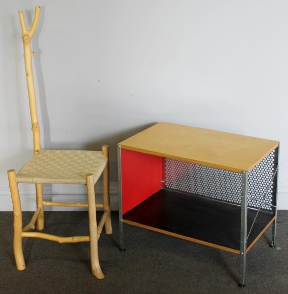 Midcentury Design Lot Including Modernica ESU-100: Style Cabinet (After Ray & Charles Eames). Cabinet labeled Case Study, California. Together with a Daniel Mack style twig chair with woven seat. From a Tuckahoe, NY estate. Dimensions: Chair - 15" w x