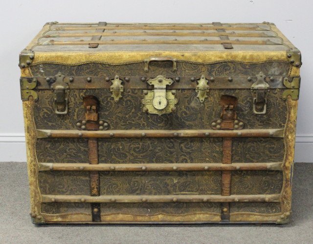 Unusual Antique Steamer Trunk.: In the style of Goyard. From a Long Island, NY estate. Dimensions: 36" w x 21.5" d x 25.5" h.