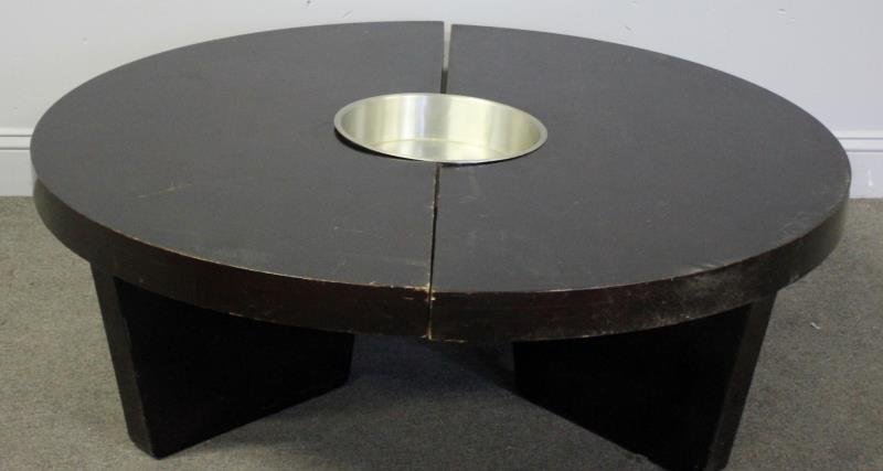 Midcentury Harvey Probber Nuclear Table.: Included aluminum center piece. Unmarked. From a Mount Vernon, NY estate. Dimensions: 48" diameter x 15" h.