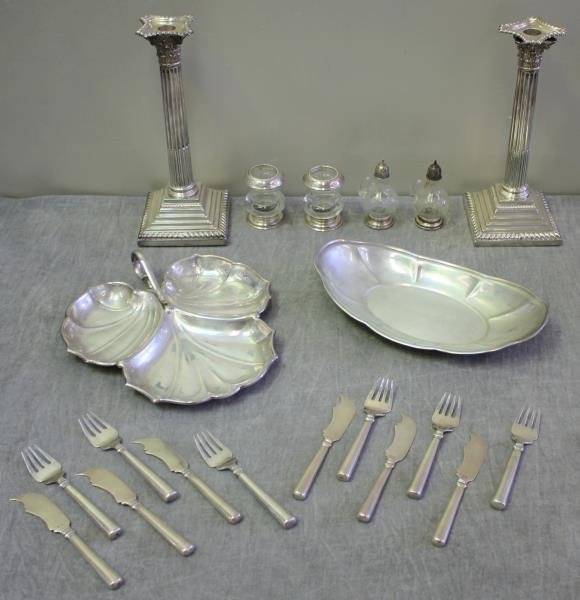 STERLING. Miscellaneous Silver Hollow Ware Group.: Includes a pair of weighted English column form candlesticks - London, maker's mark of Charles Stuart Harris, date letter of 1898; a pair of Frank M. Whiting sterling mounted urns; a pair of sterling