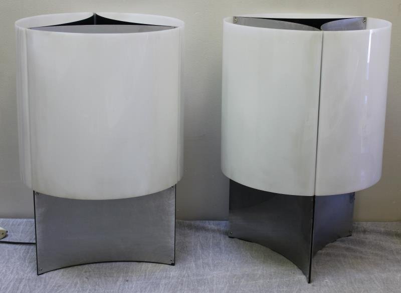 Midcentury Pair of Massimo Vignelli Table Lamps.: Steel frame and acrylic shade table lamps. Rare to find a pair, especially in this good vintage condition. From a Columbus Ave, NYC estate. Dimensions: 16" diameter x 23.75" h.