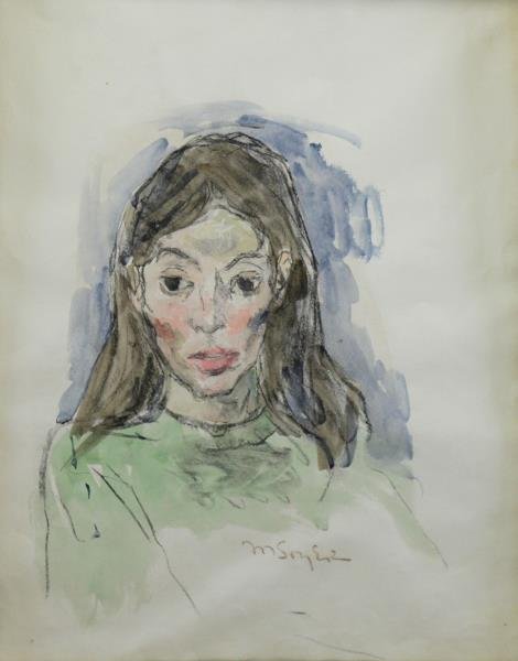 SOYER, Moses. Watercolor & Charcoal Portrait of a: Woman or "Head". Signed lower right. Two ACA Gallery labels and a McNay Art Institute Exhibition label affixed to original cardboard backing. Moses Soyer (American, 1899 - 1974). From a Manhattan, NYC