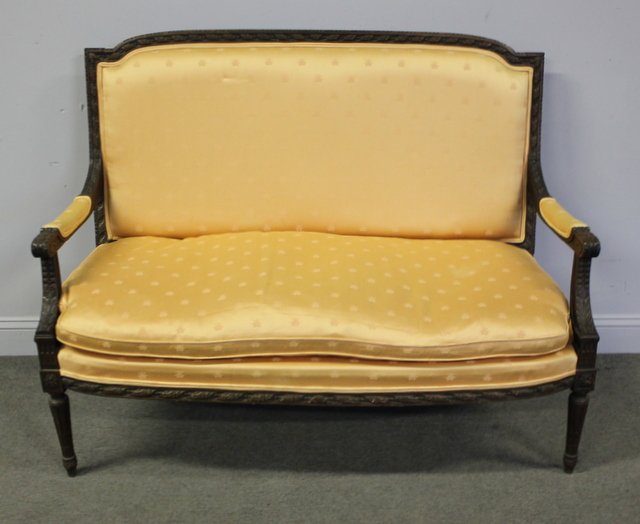 Louis XVI Style Finely Carved Mahogany Settee.: A great quality and down filled settee. From a New Caanan CT estate. Dimensions: 52"W x 22"D x 40"H. Condition: Overall good, upholstery used.