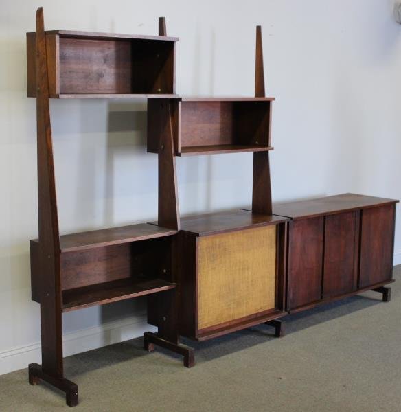 Unusual Midcentury Standing Wall Unit / Room Divider.: Three vertical angled supports with one speaker bay, and attached cabinets. Unmarked apart from Algoma Grande plywood stickers to underside and one possibly later back panel. Unusual and interesting c