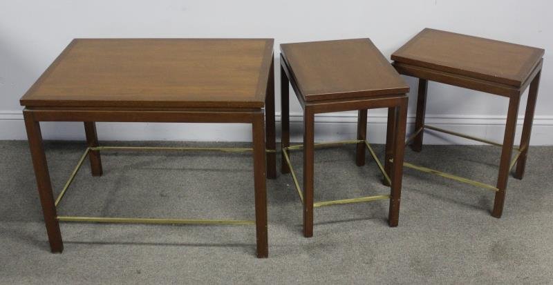 Midcentury Set of Dunbar Nesting Tables.: Labeled with D label to underside. Lighter finish. From a Stamford, CT home.