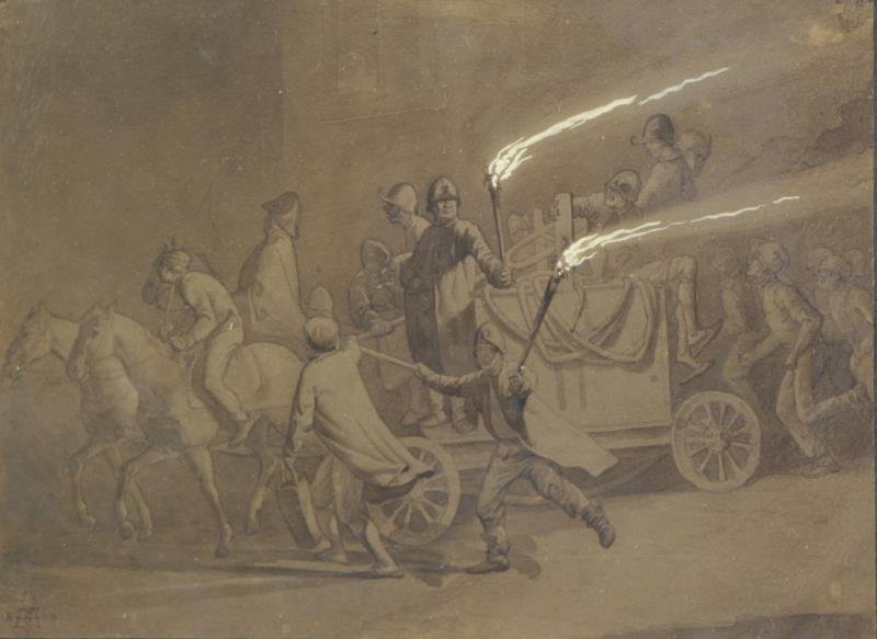 SCHRODTER, Adolf. 19th C. Firefighters. Ink on: Paper Heightened with White. Monogrammed and dated 1828 lower left. Inscription verso. Adolf Schrödter (German, 1805-1875). From a Manhattan, NYC estate. Dimensions: 8" high x 11" wide. Condition: Pa