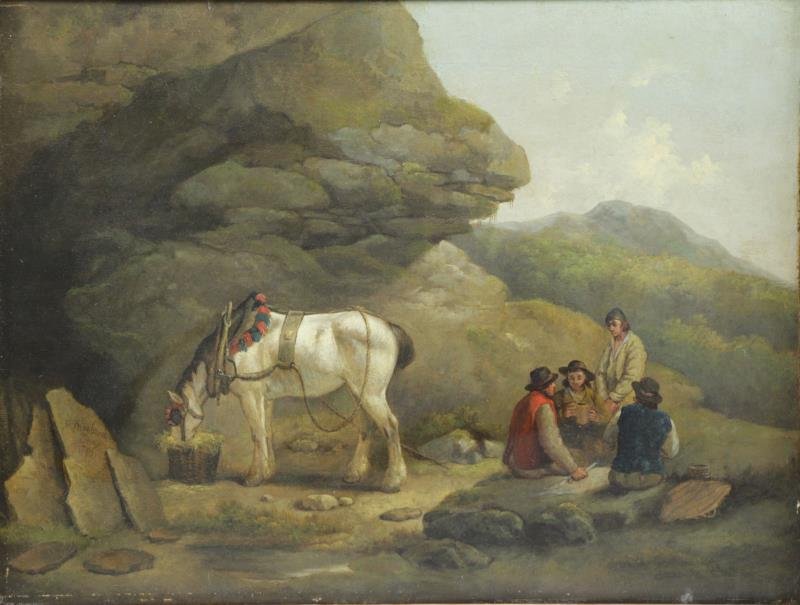 MORELAND, George. Oil on Canvas. Travelers and: Horse at Rest in Landscape. Signed and dated 1789 lower left in rock. Old A & J Polak, Manchester label and wax seal affixed to stretcher verso. George Morland (British, 1763 - 1804). From a Manhattan