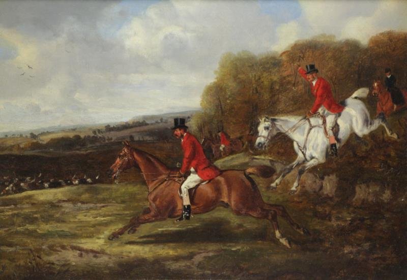 WHEELER, John. Oil on Canvas. Fox Hunters on: Horseback. Monogrammed lower left. John Arnold Alfred Wheeler (British, 1821 - 1903). From a Manhattan, NYC location. Dimensions: 14" high x 20" wide. Condition: Lined, craquelure throughout.