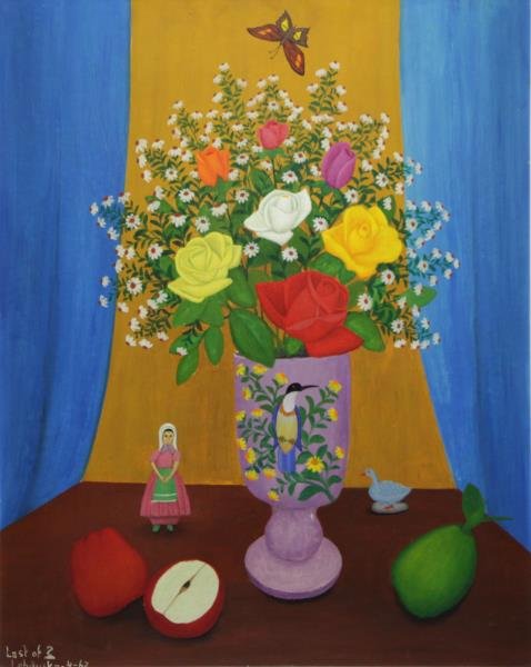 LEBDUSKA, Lawrence. Oil on Masonite. Still Life: with Bouquet, Fruit, Butterfly and Doll. Signed and dated '4-62' lower left. Lawrence A. Lebduska (American, 1894 - 1966). From a Long Island, NY estate. Dimensions: 30" high x 23.75" wide. Condition: