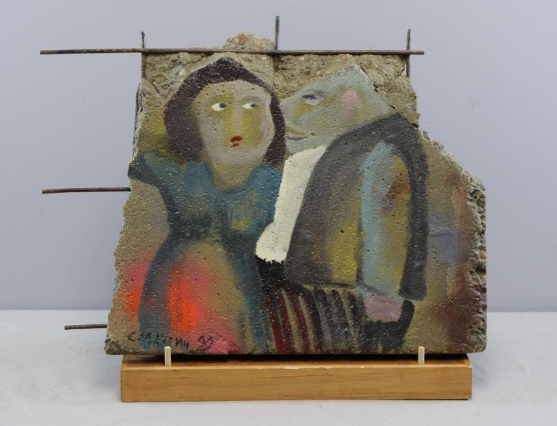 SMACHTIN, Vladimir. Berlin Wall Painting "Marital: Discord". From the "Berlin Wall Art Collection," a traveling exhibition of 115 original paintings on wall fragments. Signed lower left and inscribed with authentication verso by Dr. Rainer Hildebrandt