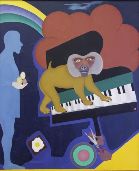 Surrealist Russian Oil on Canvas. Baboon on a: Piano. Not visibly signed but according to consignor the work is by a Russian artist he represented named Ivan Kravenchenko. From a Manhattan, NYC estate. Dimensions: 62.5" high x 51.5" wide. Conditio