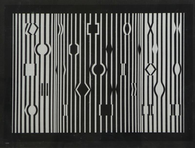 VASARELY, Victor. Black and White Screenprint.: Signed lower right, numbered 123/150 lower left. Victor Vasarely (French/Hungarian, 1906-1997). From a New Rochelle, NY home. Dimensions: Image - 15.75" high x 22.25" wide. Condition: Good, framed beh