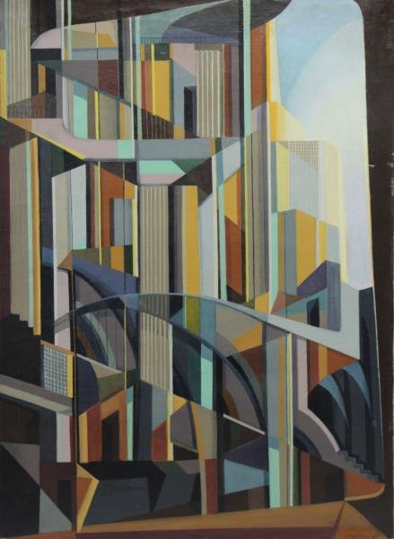 BELKIN, Arnold. Untitled Oil on Canvas.: Architectural Composition. Signed lower right. Arnold Belkin (Canadian, active in New York and Mexico,1930 - 1992). From a Pelham, NY home. Condition: Restoration to upper portion of composition due t