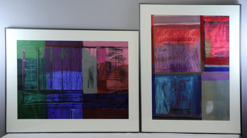KUPFERMAN, David. Two Abstract Acrylics on Paper.: Both signed lower right. David Kupferman (American, b.1946). From a Massachusetts estate. Dimensions: 24.5" high x 33.75" wide & 33.25" high x 24.5" wide. Condition: Good, framed behind glass, not exa