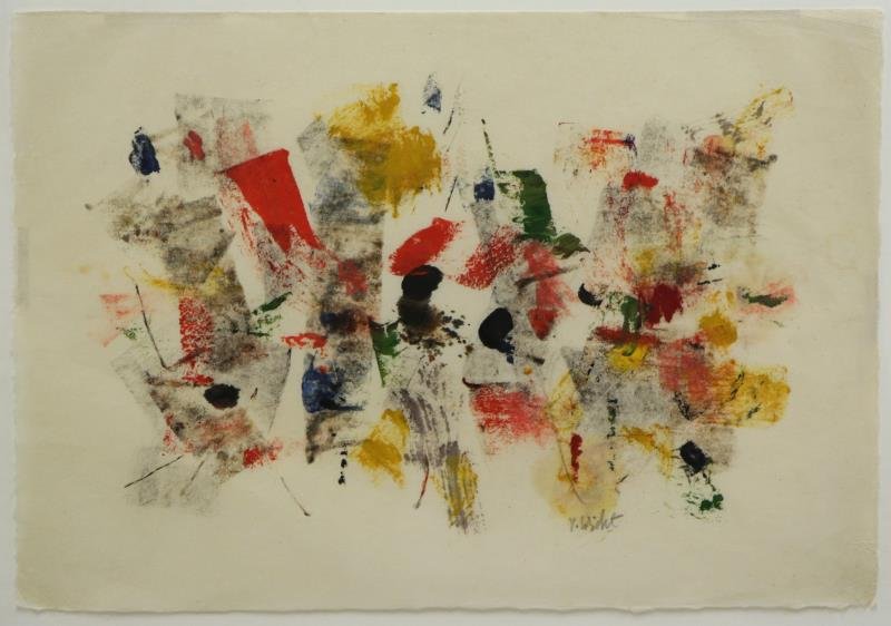 VON WICHT, John. Abstract Gouache on Paper.: Signed lower right. John von Wicht (American/German, 1888-1970). From a New Rochelle, NY home. Dimensions: 14.5" high x 20.75" wide. Condition: Creasing to upper right corner and other smaller areas o