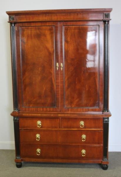 Baker, Signed Mahogany & Lacquered 2 Piece Cabinet: .A good looking cabinet for linen press or TV cabinet . From a Stamford CT home Dimensions: 50"W x 20"D x 80"H Condition: good